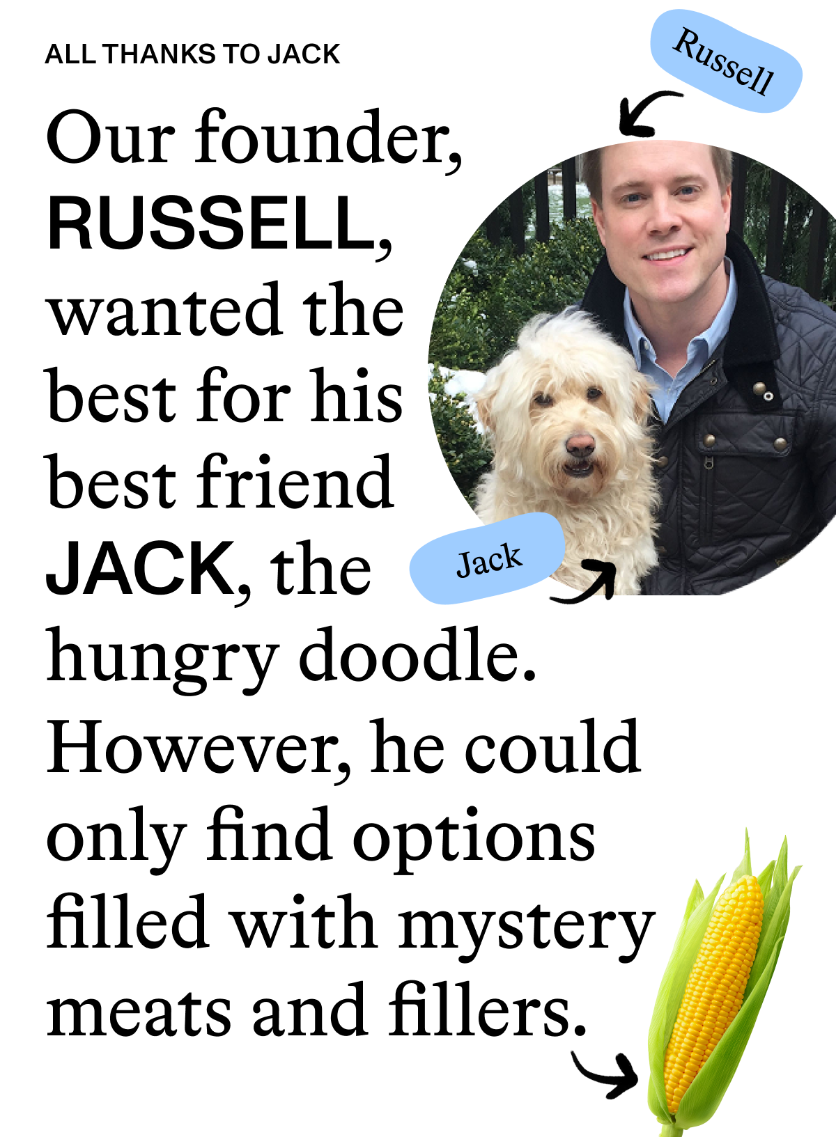 All Thanks to Jack. Our founder, Russell,  wanted the best for his best friend Jack, the  hungry doodle. However, he could only find options filled with mystery meats and fillers. 