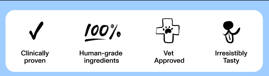 Clinically proven, 100% human-grade ingredients, vet approved, irresistibly tasty. 