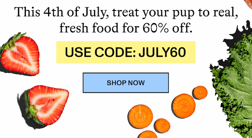 This 4th of July, get 60% OFF your first order of fresh, vet-approved dog food. Made with real ingredients and delivered to your door. Use Code JULY60. Shop Now