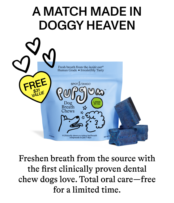 A match made in doggy heaven. Freshen breath from the source with the first clinically proven dental chew dogs love. Total oral care-- free for a limited time. 