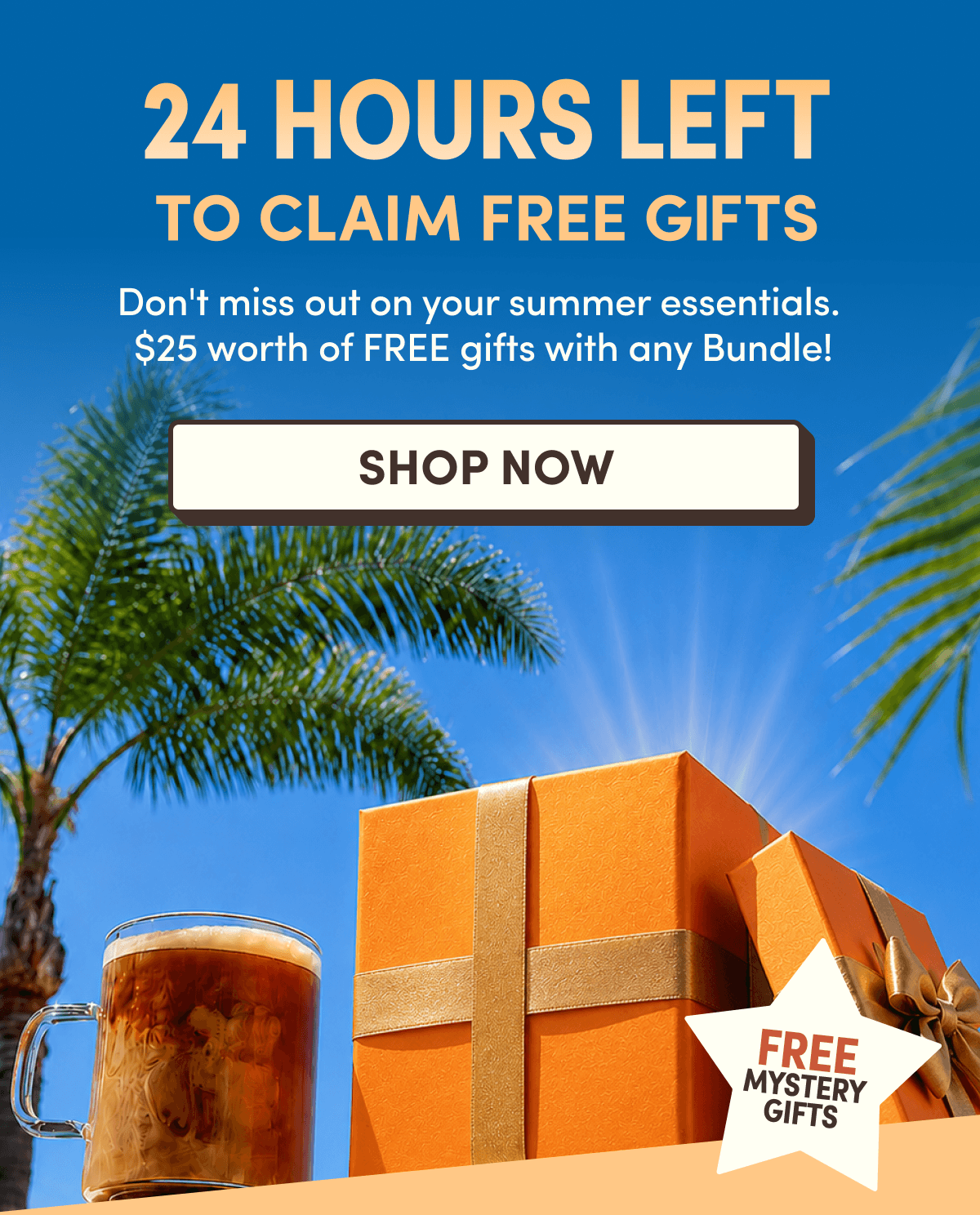 24 HOURS LEFT TO CLAIM FREE GIFTS | Don't miss out on your summer essentials! $25 worth of free gifts, FREE with any bundle! | SHOP NOW | FREE MYSTERY GIFTS