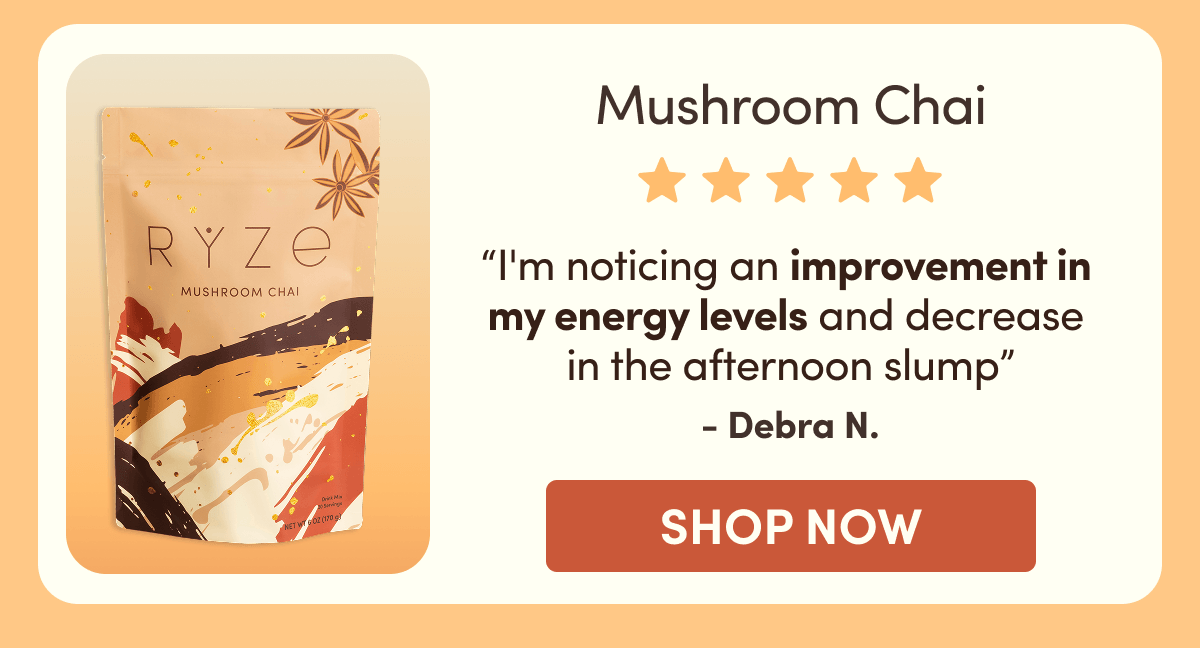 Mushroom Chai | “I'm noticing an improvement in  my energy levels and decrease  in the afternoon slump” - Debra N. | SHOP NOW