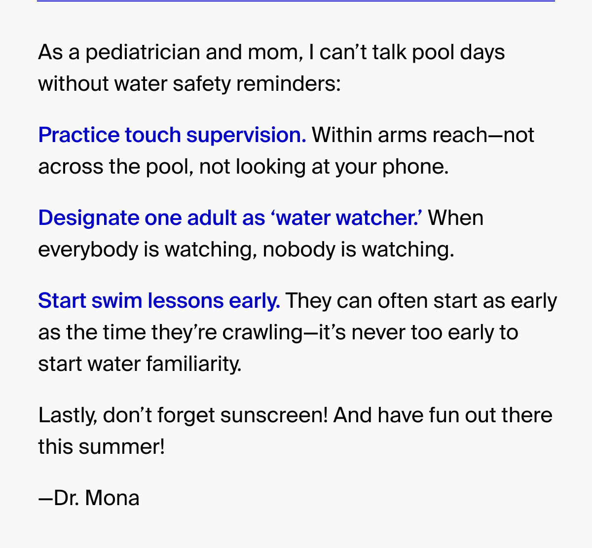 As a pediatrician and mom, I can't talk pool days without water safety reminders