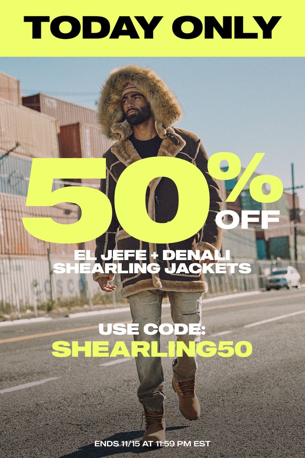 50% off El Jefe and Denali Shearling Jackets with code SHEARLING50