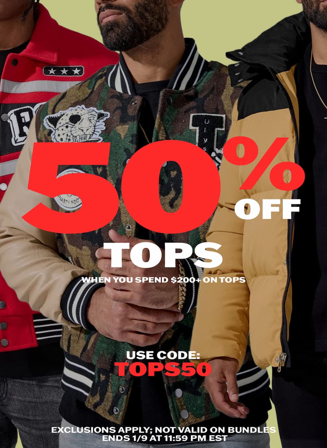 Save 50% off tops when you spend $200+ on tops
