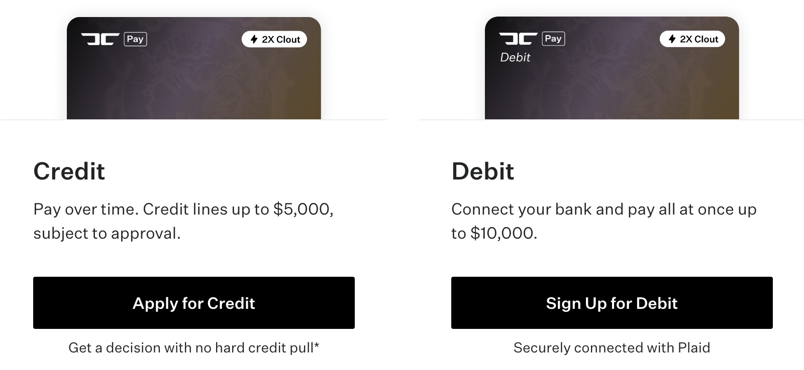 Meet JC Pay. We've parterned with Tandym to bring your digital card that rewards 30% off your first purchase and double clout on every order.