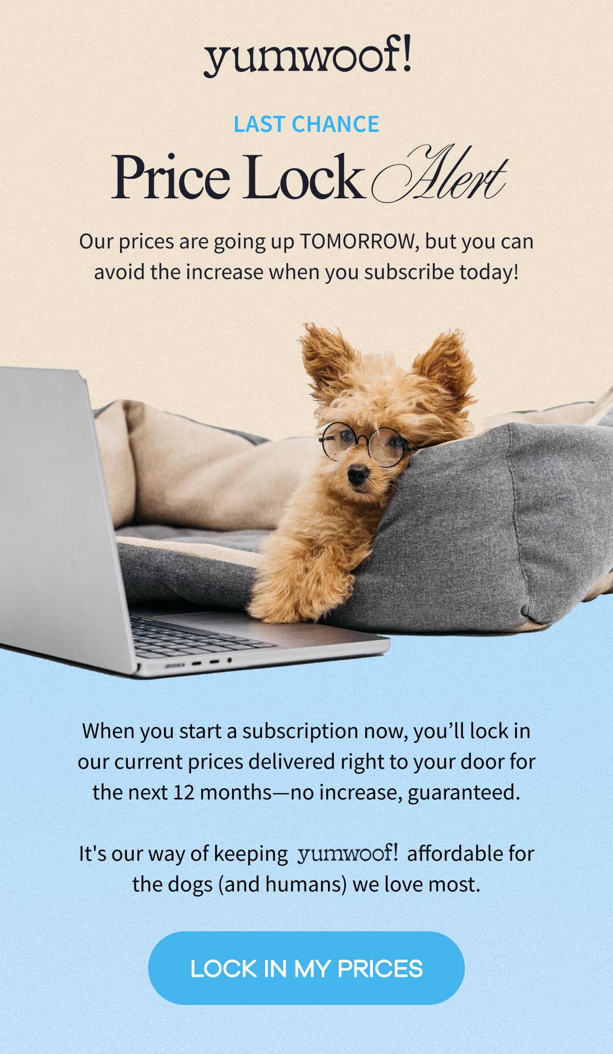 yumwoof! | LAST CHANCE Price Lock Alert | Our prices are going up TOMORROW, but you can avoid the increase when you subscribe today! | When you start a subscription now, you'll lock in our current prices delivered right to your door for the next 12 months-no increase, guaranteed.  It's our way of keeping yumwo . of! affordable for the dogs (and humans) we love most. | LOCK IN MY PRICES