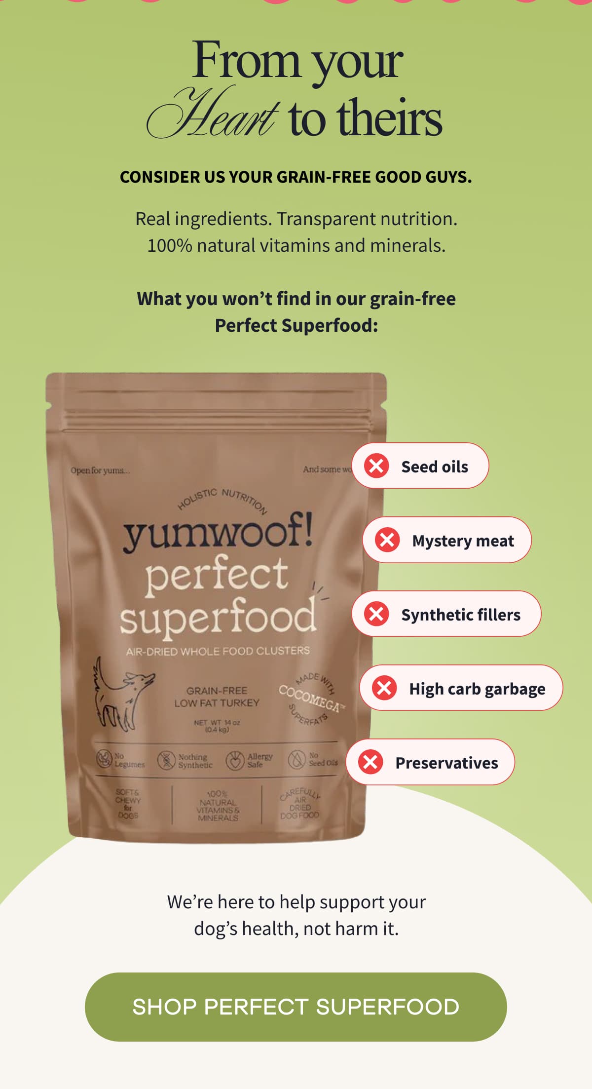 From Your Heart to Theirs | Consider us your grain-free good guys. | We're here to help support your dog's health, not harm it. | SHOP PERFECT SUPERFOOD