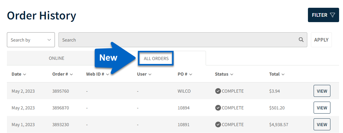 Screenshot of EECOL.com Order History with arrow pointing to All Orders tab