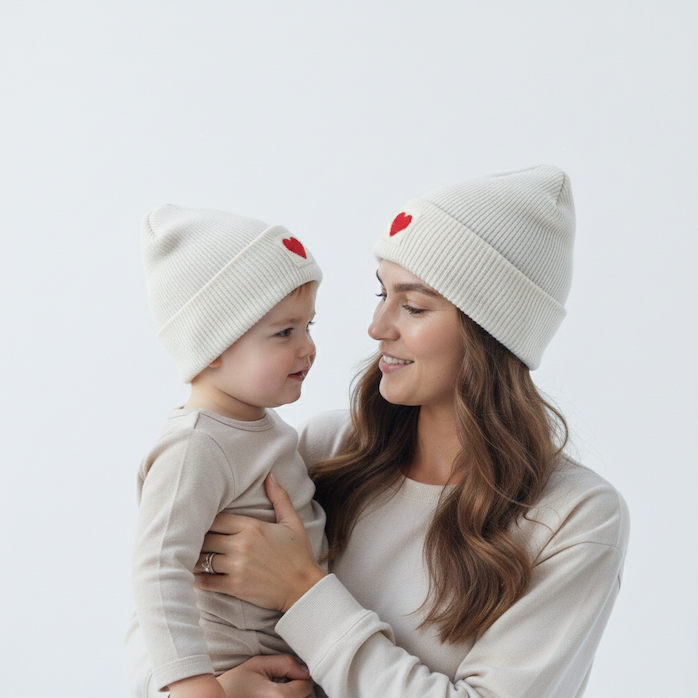 Mutter und Baby mit Herzchen-Mütze