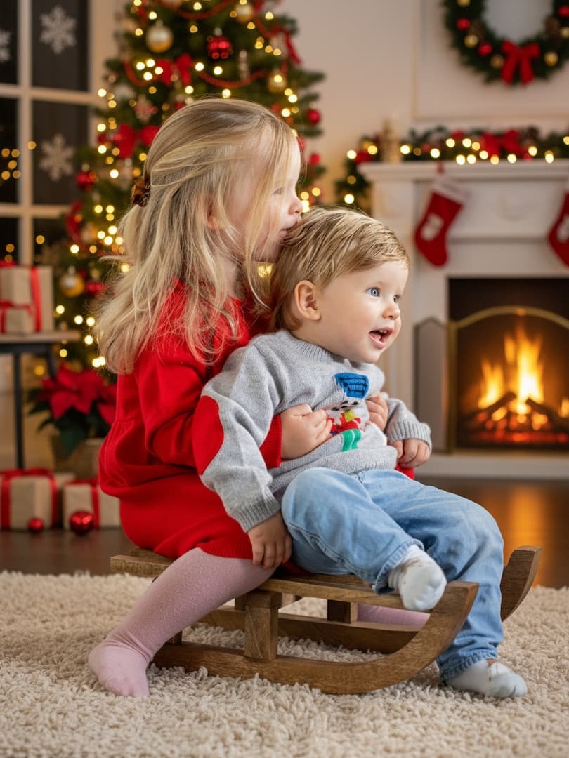 Geschwisterpaar auf Schlitten in Xmas-Outfit