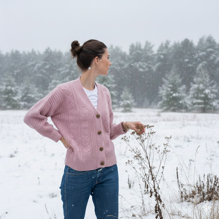 Dame in Schneelandschaft in Cardigan AMBER