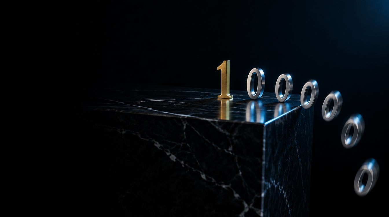 Conceptual still life for Six Zeros Day: a brass numeral 1 stands on a black marble table while six silver zeros roll off the edge