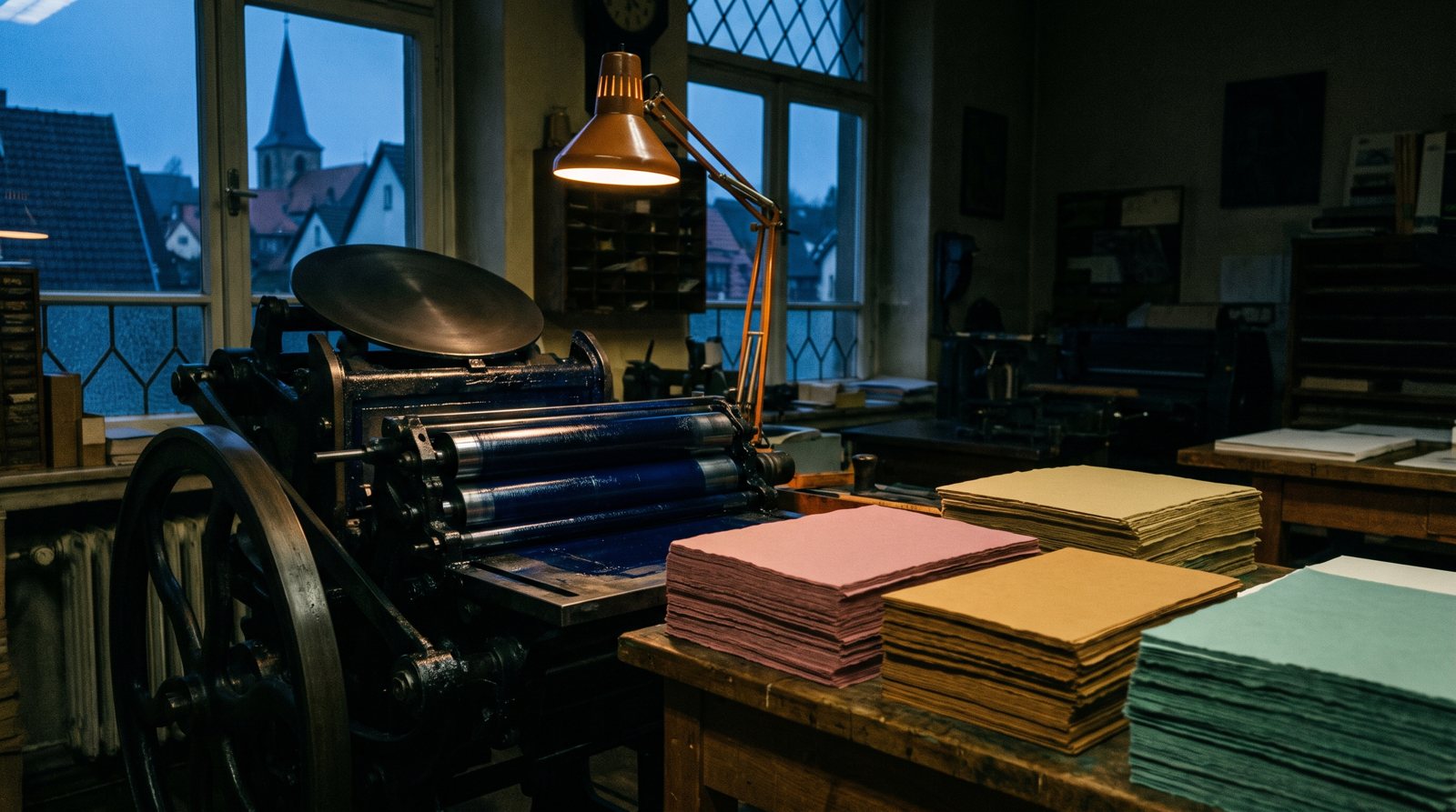 A 1920s German town print shop at dusk, a letterpress beside stacks of coloured paper