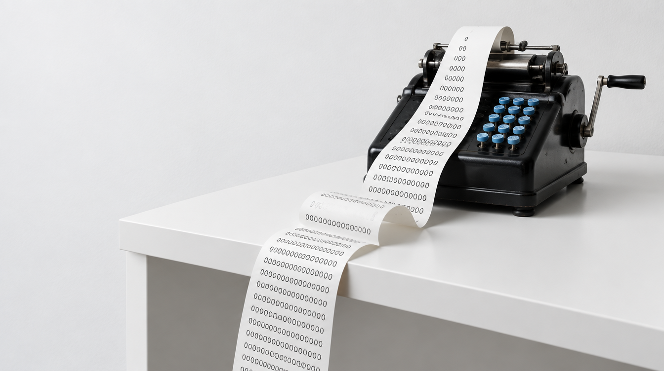 Conceptual image: a vintage black adding machine with light blue keys prints a long paper tape whose rows of zeros grow longer as it spills off the desk