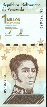 Front of a Venezuela 1,000,000 bol&iacute;vares soberanos banknote dated September 3, 2020: a vertical note with a large numeral 1 above the words MILL&Oacute;N DE BOL&Iacute;VARES and a portrait of Sim&oacute;n Bol&iacute;var at the bottom
