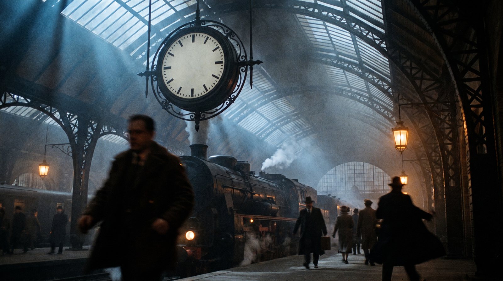A station clock above a steam locomotive in a 1920s Berlin railway hall