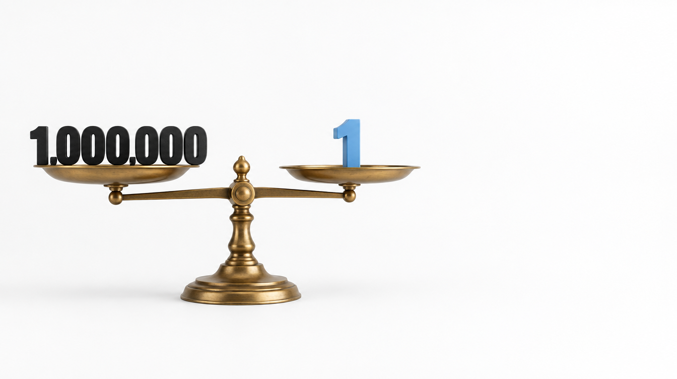 Conceptual image: a brass balance scale holds the number 1,000,000 on one pan and a single light blue 1 on the other, perfectly level