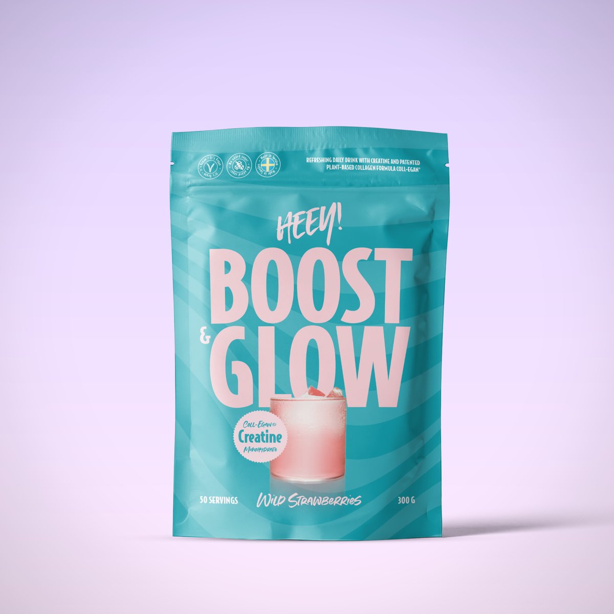Heey! Boost & Glow Kreatin Wild Strawberries, vegansk kreatin monohydrat med Coll-egan® kollagen, 4 g per portion
