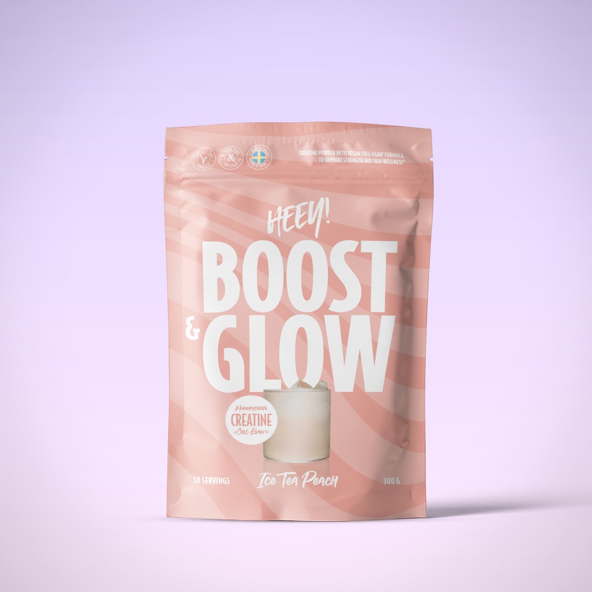 Heey! Boost & Glow Kreatin Tea Peach, vegansk kreatin monohydrat 200 mesh med Coll-egan® kollagen, 4 g per portion