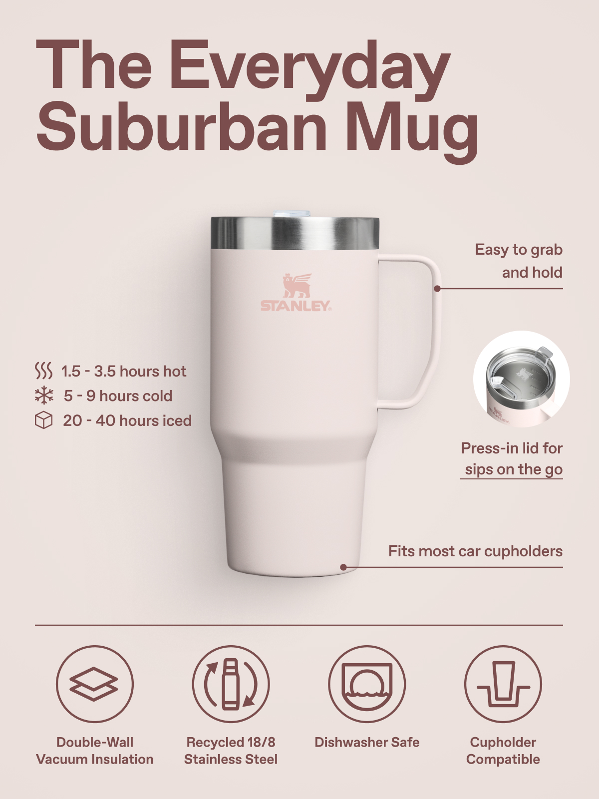 The Everyday Suburban Mug. Easy to grab and hold. Press-in lid for sips on the go. Fits most car cupholders