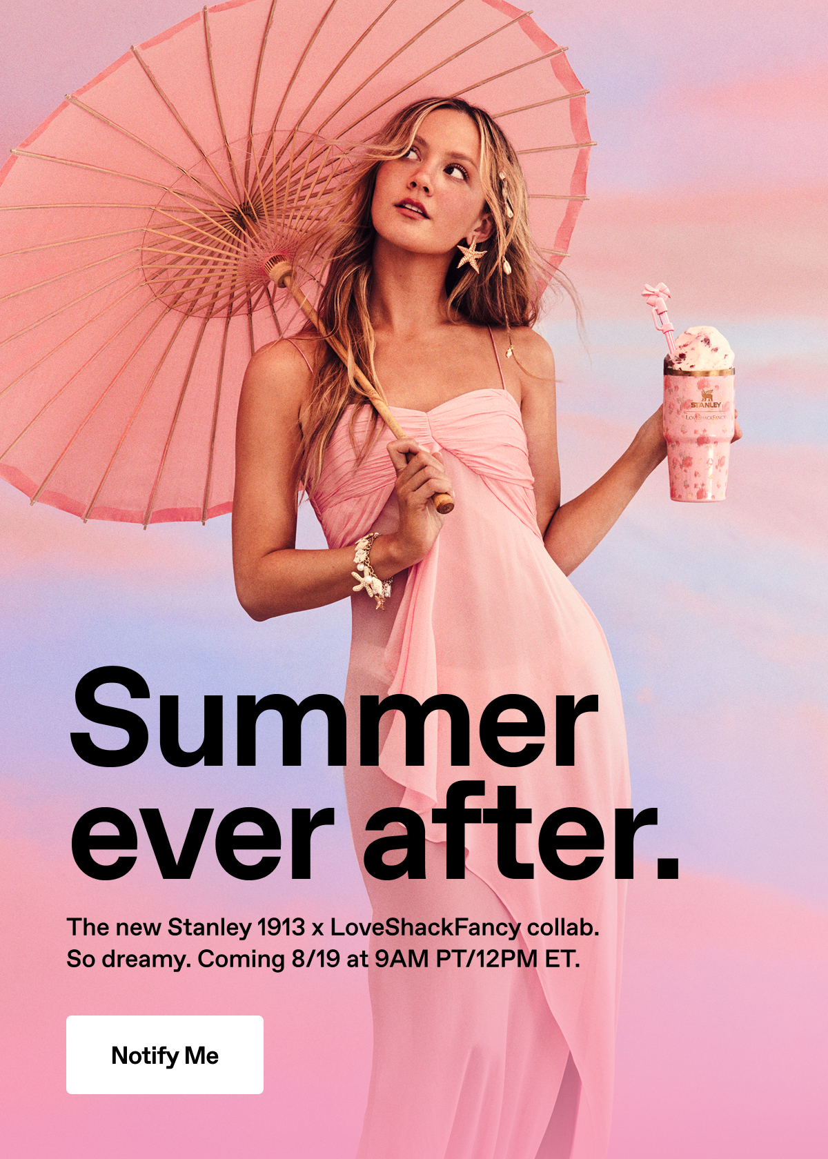 Summer ever after. The new Stanley 1913 x LoveShackFancy collab. So dreamy. Coming 8/19 at 9AM PT/12PM ET. Notify Me.