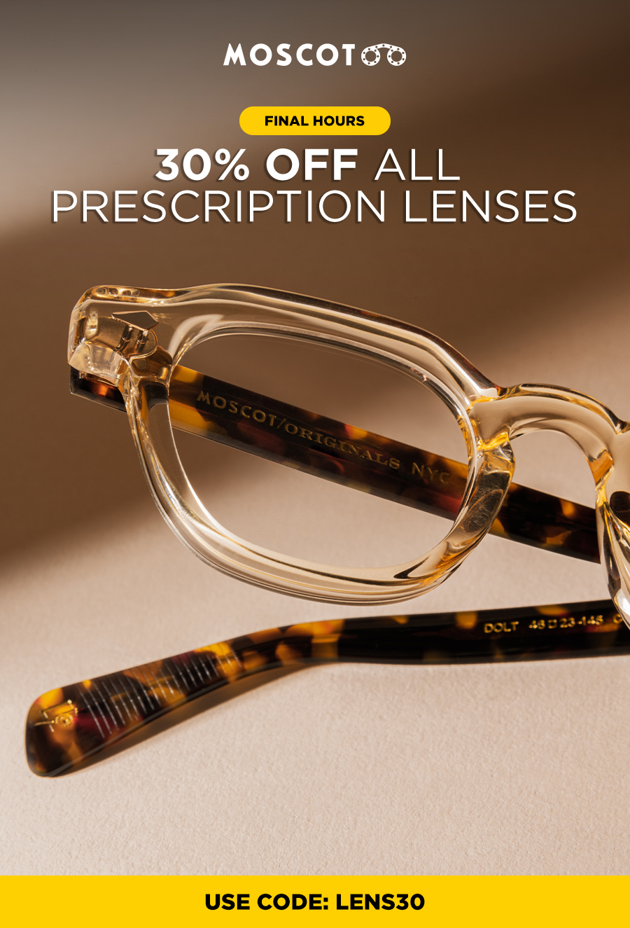 Last chance to receive 30% off Single Vision or Progressive Lenes. Today only!