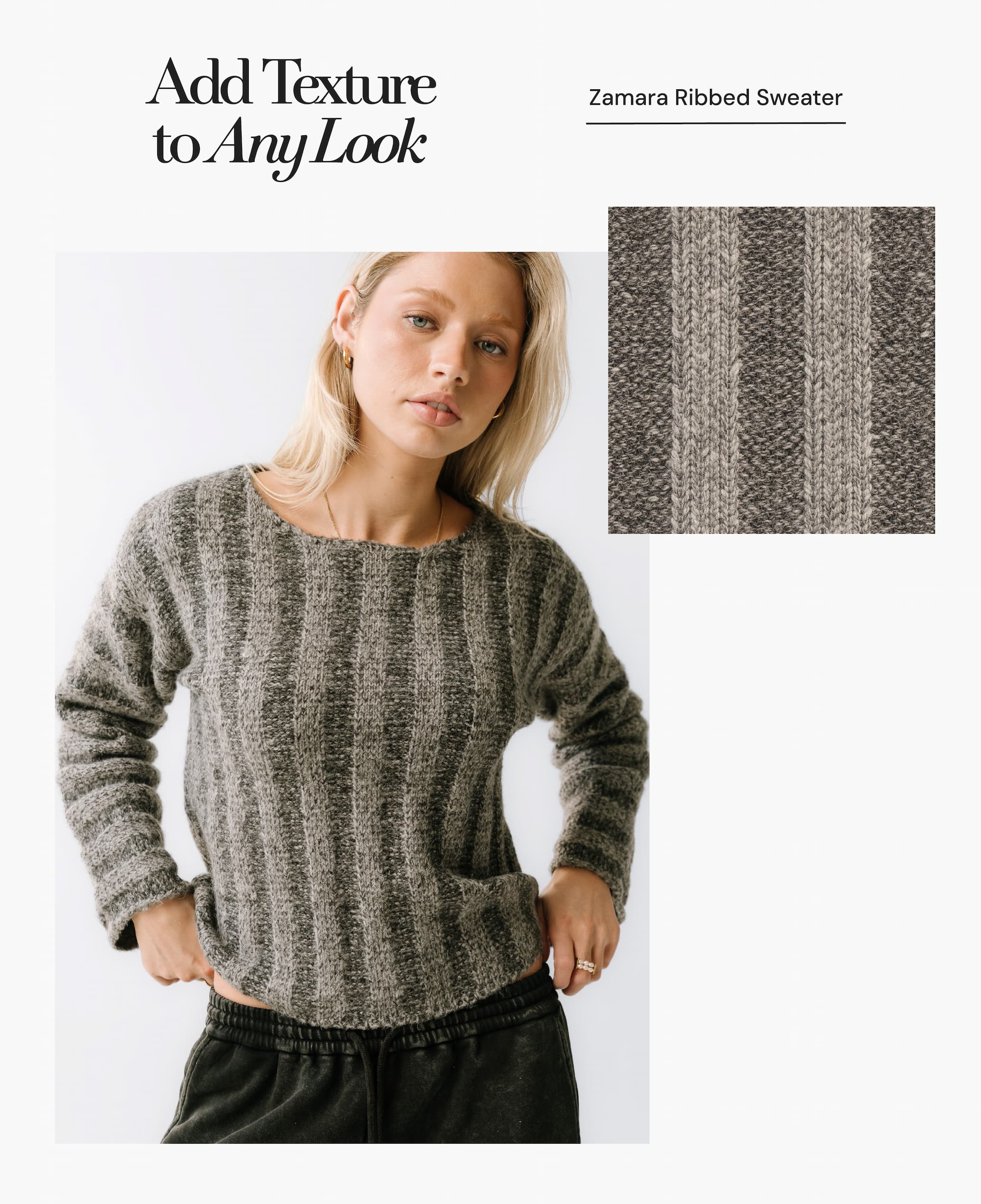 an image of a woman wearing a sweater with a striped pattern