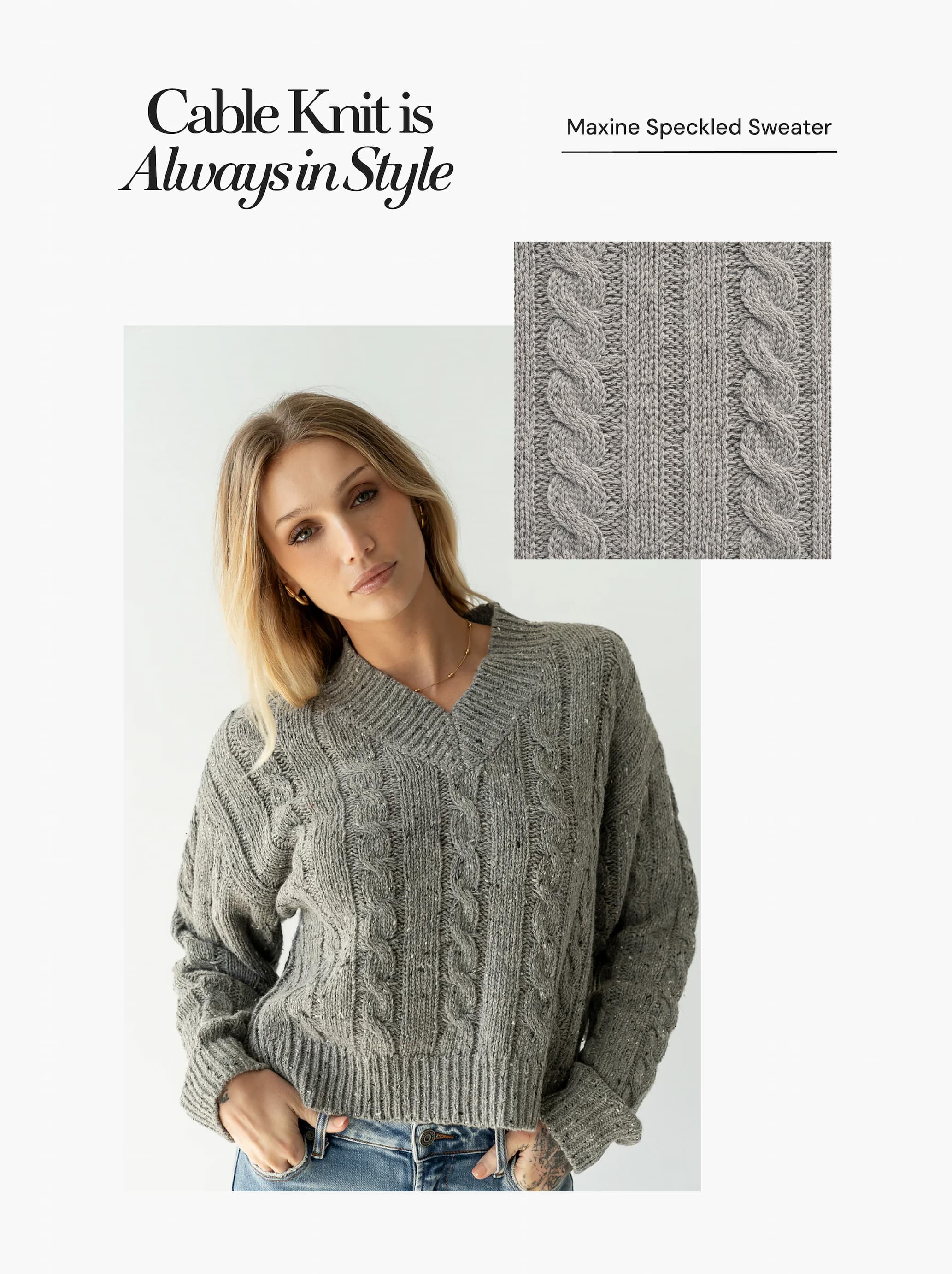 an image of a woman wearing a cable knit sweater