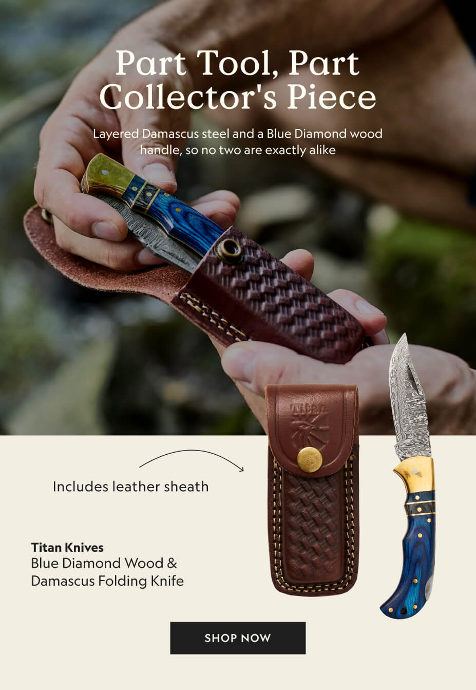 Titan Knives · Blue Diamond Wood & Damascus Folding Knife