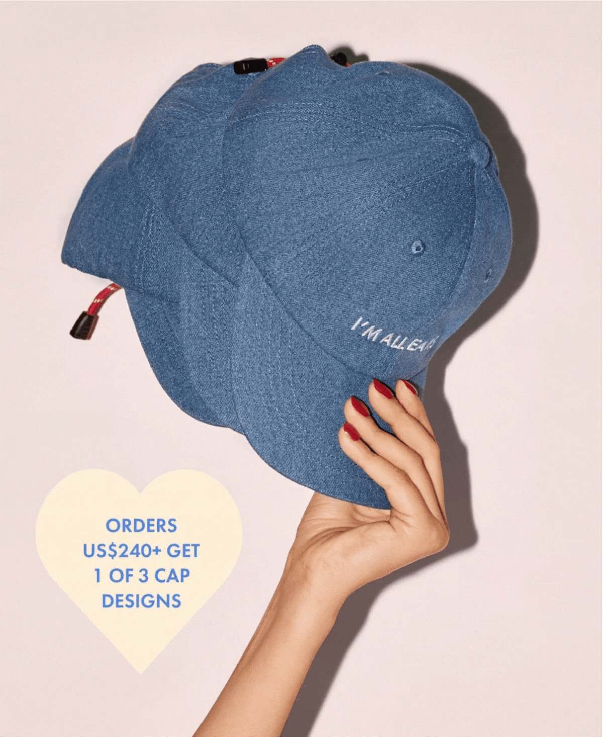 Orders US$240 Get 1 of 3 Cap Designs and a Clippette