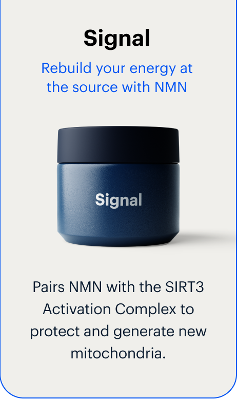 Signal | Rebuild your energy at the source with NMN | Pairs NMN with the SIRT3 Activation Complex to protect and generate new mitochondria.