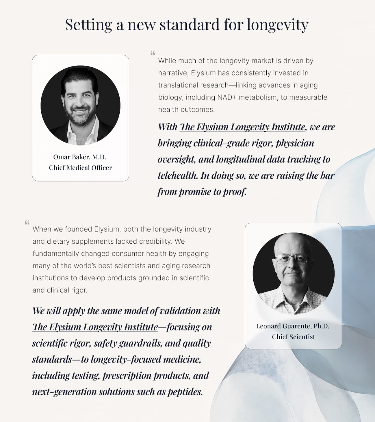 Setting a new standard for longevity | Omar Baker, M.D. Chief Medical Officer | Leonard Guarente, Ph.D. Chief Scientist