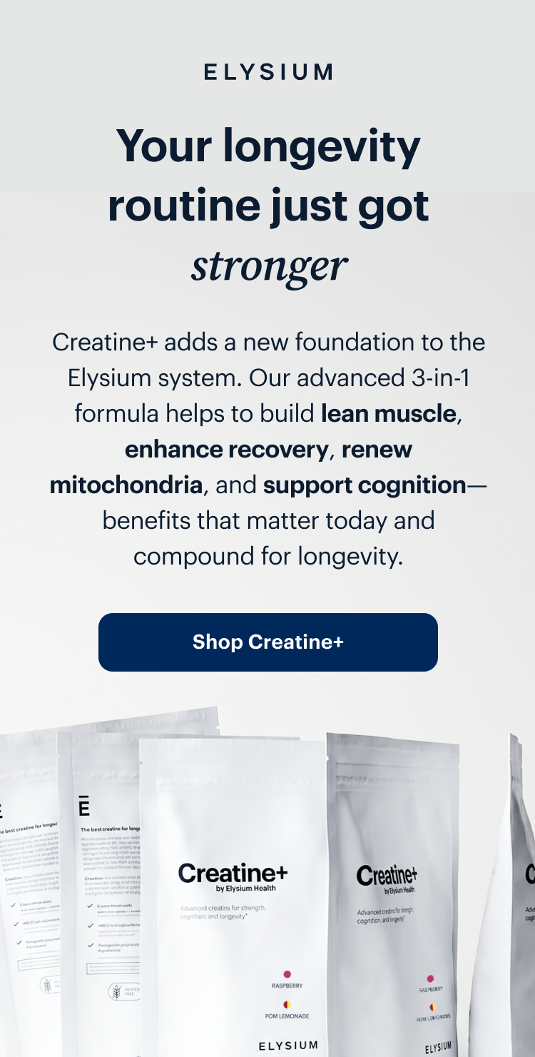 ELYSIUM | Your longevity routine just got stronger | Creatine+ adds a new foundation to the Elysium system. Our advanced 3-in-1 formula helps to build lean muscle, enhance recovery, renew mitochondria, and support cognition—benefits that matter today and compound for longevity. | Shop Creatine+