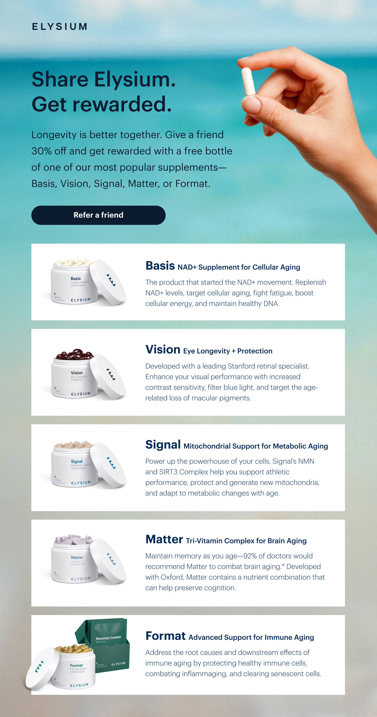 ELYSIUM | Share Elysium. Get rewarded. | Longevity is better together. Give a friend 30% off and get rewarded with a free bottle of one of our most popular supplements—Basis, Vision, Signal, Matter, or Format. | Refer a friend | Basis NAD+ Supplement for Cellular Aging | The product that started the NAD+ movement. Replenish NAD+ levels, target cellular aging, fight fatigue, boost cellular energy, and maintain healthy DNA. | Vision Eye Longevity + Protection | Developed with a leading Stanford retinal specialist. Enhance your visual performance with increased contrast sensitivity, filter blue light, and target the age-related loss of macular pigments. | Signal Mitochondrial Support for Metabolic Aging | Power up the powerhouse of your cells. Signal’s NMN and SIRT3 Complex help you support athletic performance, protect and generate new mitochondria, and adapt to metabolic changes with age. | Matter Tri-Vitamin Complex for Brain Aging | Maintain memory as you age—92% of doctors would recommend Matter to combat brain aging.* Developed with Oxford, Matter contains a nutrient combination that can help preserve cognition. | Format Advanced Support for Immune Aging | Address the root causes and downstream effects of immune aging by protecting healthy immune cells, combating inflammaging, and clearing senescent cells.