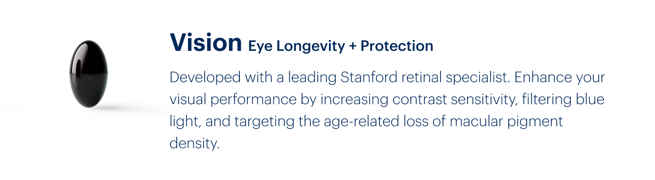 Vision Eye Longevity + Protection | Developed with a leading Stanford retinal specialist. Enhance your visual performance by increasing contrast sensitivity, filtering blue light, and targeting the age-related loss of macular pigment density.