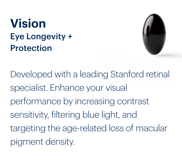 Vision Eye Longevity + Protection | Developed with a leading Stanford retinal specialist. Enhance your visual performance by increasing contrast sensitivity, filtering blue light, and targeting the age-related loss of macular pigment density.