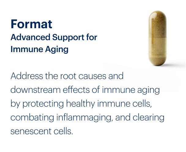 Format Advanced Support for Immune Aging | Address the root causes and downstream effects of immune aging by protecting healthy immune cells, combating inflammaging, and clearing senescent cells.