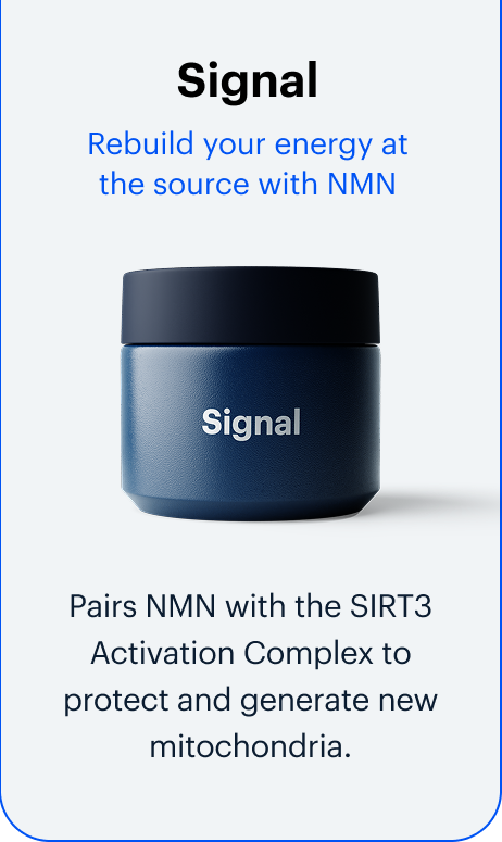Signal | Rebuild your energy at the source with NMN | Pairs NMN with the SIRT3 Activation Complex to protect and generate new mitochondria.