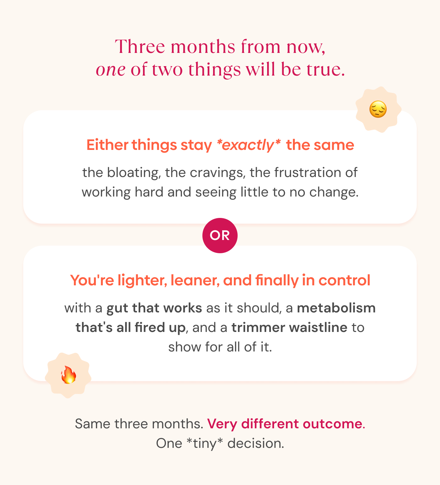 Three months from now, one of two things will be true. | Either things stay *exactly* the same OR You're lighter, leaner, and finally in control 