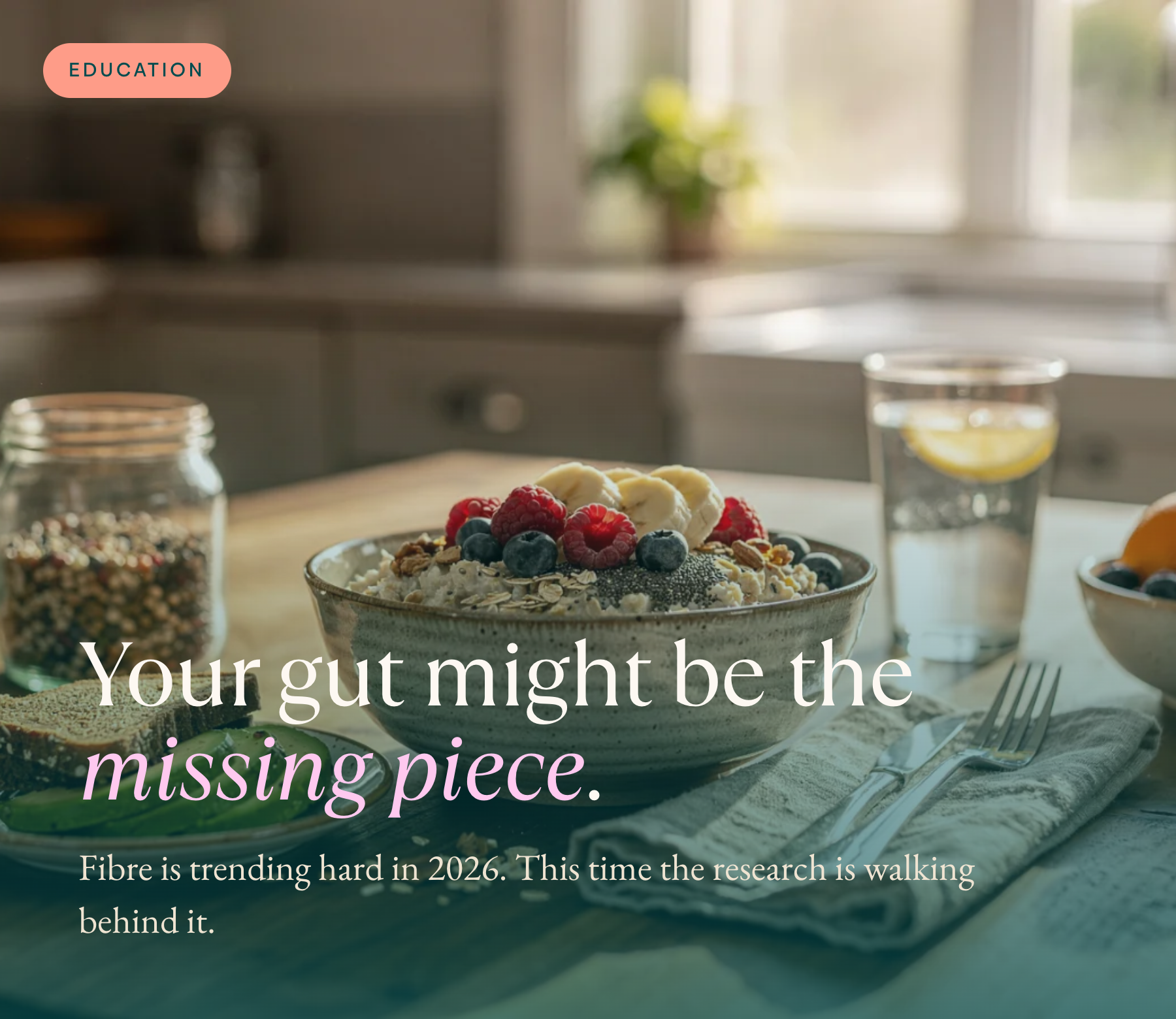Bowl of oats, yoghurt and berries with the headline "Your gut might be the missing piece" - Fibermaxxing gut-metabolism EDM hero