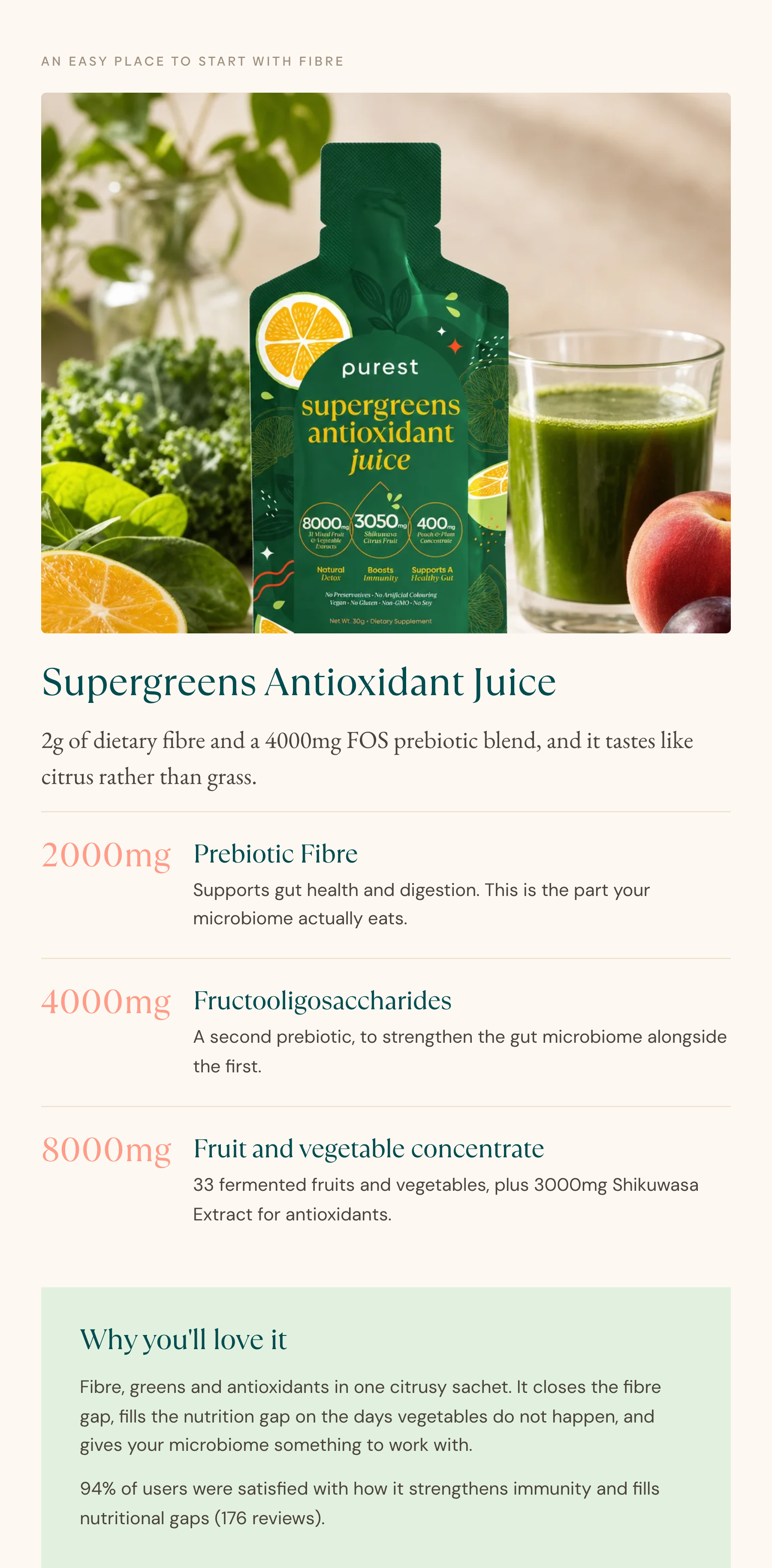 The Purest Co Supergreens Antioxidant Juice - an easy place to start with fibre