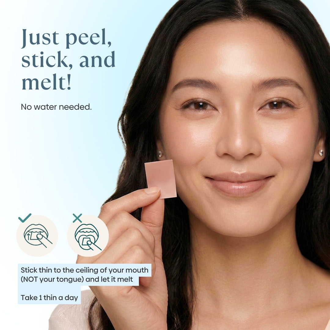 SkinBright Thins usage demo: peel, stick to the roof of your mouth, and let it melt — take one thin a day