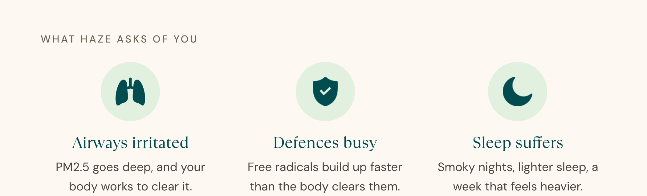 What haze asks of you. Airways irritated: PM2.5 goes deep, and your body works to clear it. Defences busy: free radicals build up faster than the body clears them. Sleep suffers: smoky nights, lighter sleep, a week that feels heavier.