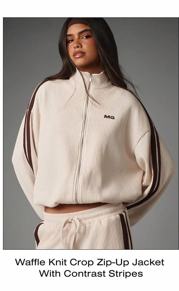Waffle Knit Crop Zip-Up Jacket  With Contrast Stripes