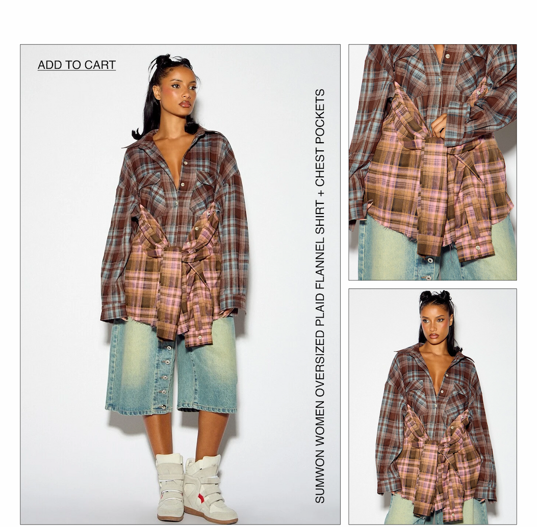 SUMWON WOMEN Oversized Plaid Flannel Shirt With Chest Pockets Collared Button-Down Longline Two-Tone Shacket Fall Winter Layer