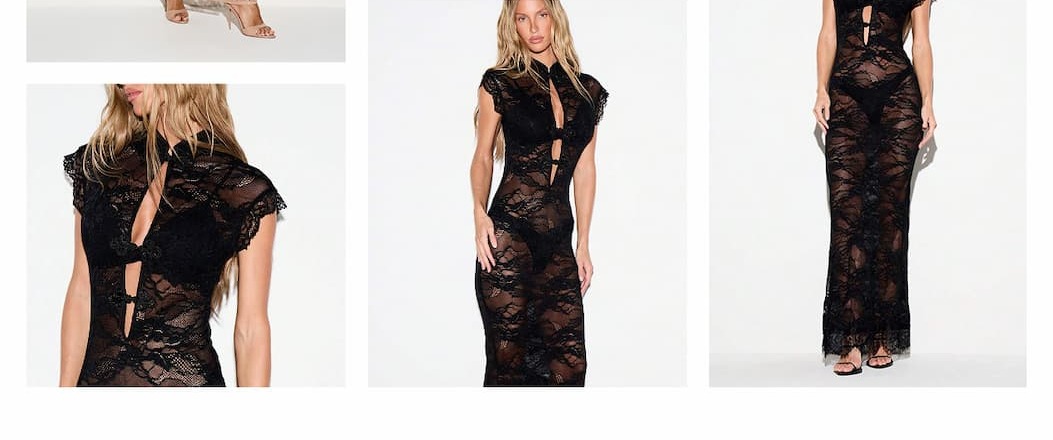 KIZN Floral Lace Maxi Dress With High Neck Cap Sleeve Cut-Out Detail Sheer Bodycon Silhouette