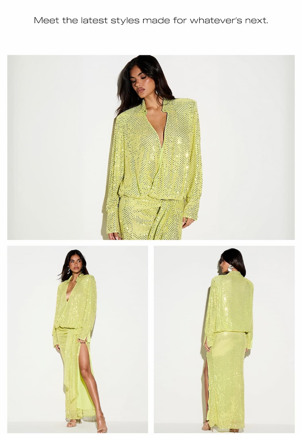 KIZN Sequin Collared Dress With Batwing Long Sleeves Tie Waist Belt And Thigh High Split