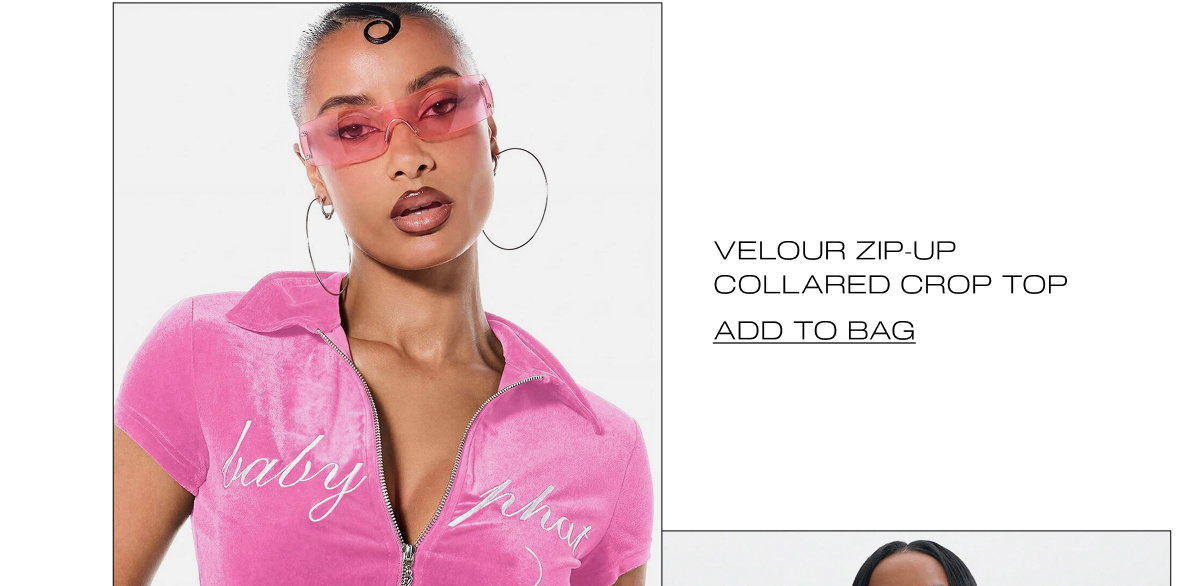 VELOUR ZIP-UP COLLARED CROP TOP