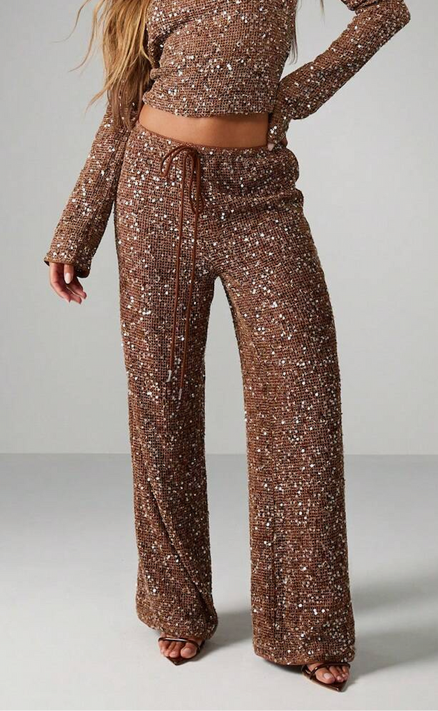 MISSGUIDED Sequin Wide Leg Pants With Drawstring Waist